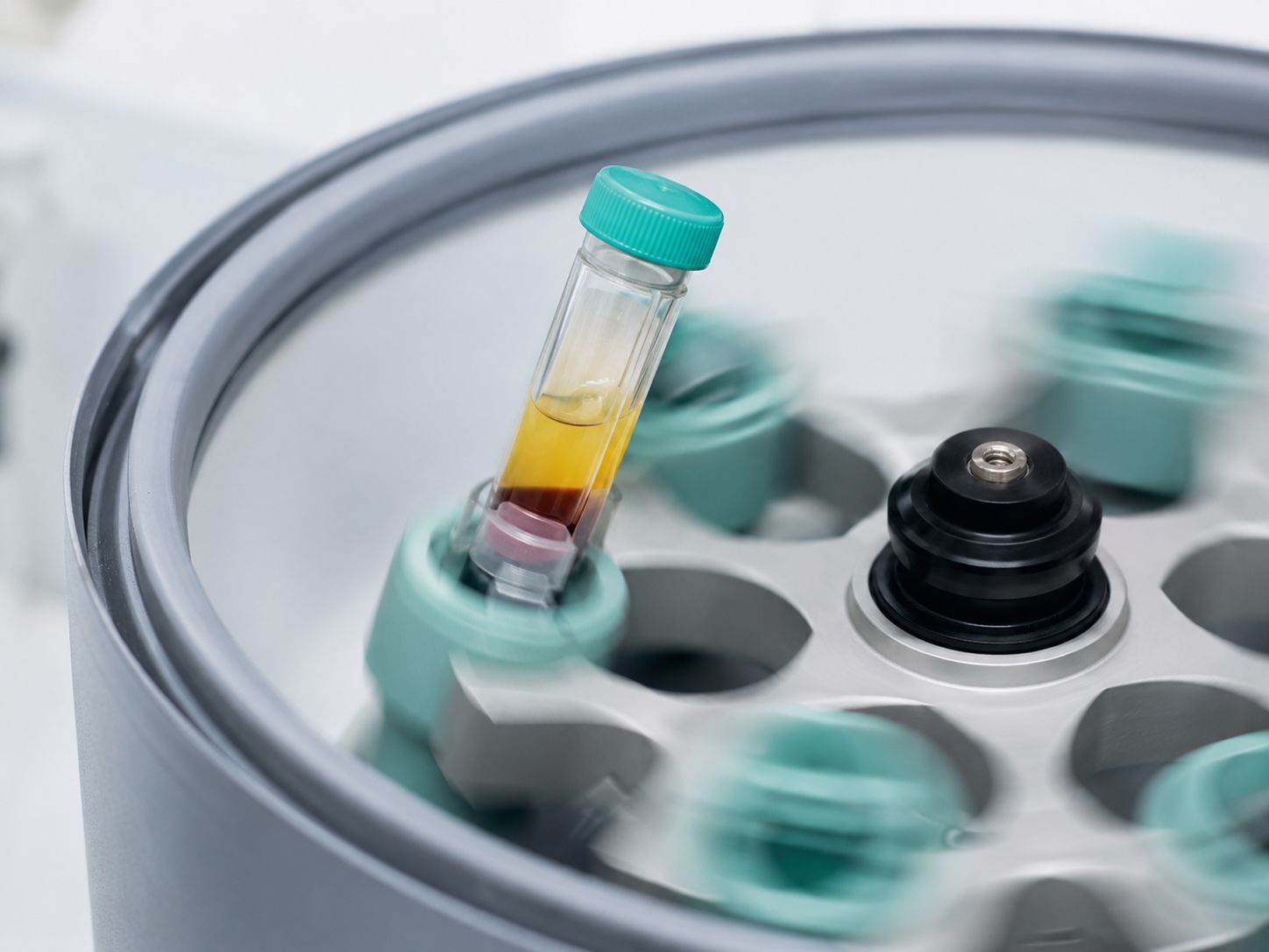 Centrifuge in motion with layered liquid