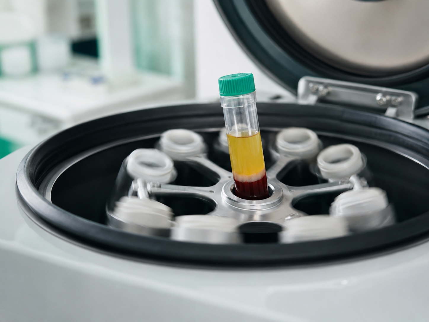 Centrifuge with blood sample in focus