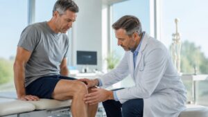 Doctor examining patient’s knee in clinic