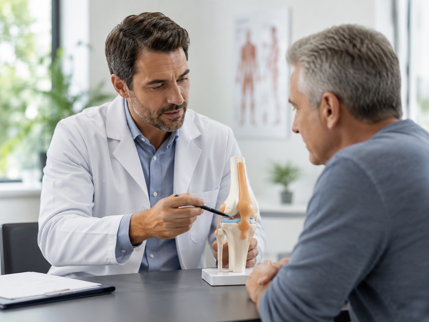 Doctor explaining knee anatomy to patient