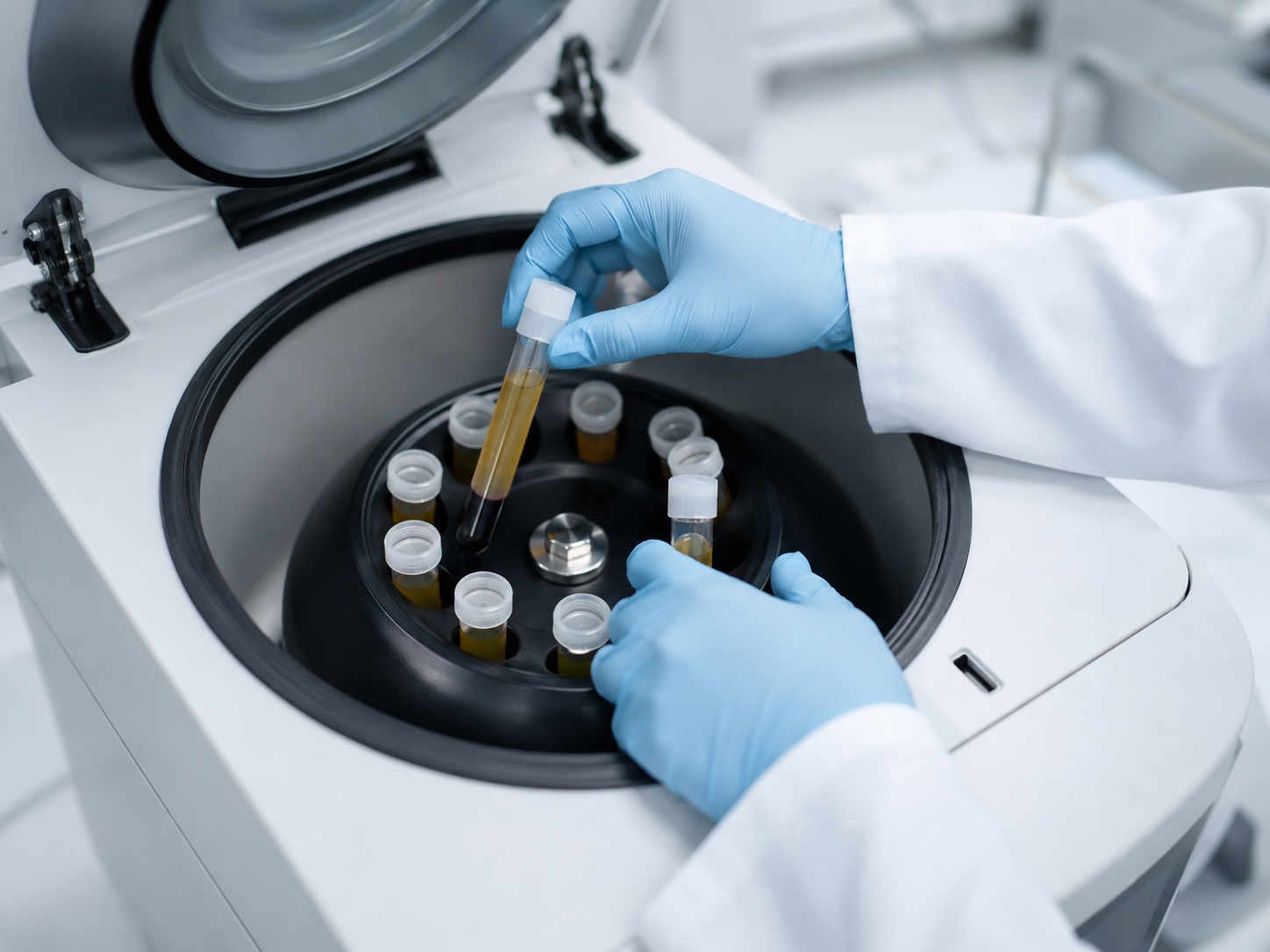 Lab technician handling samples in centrifuge