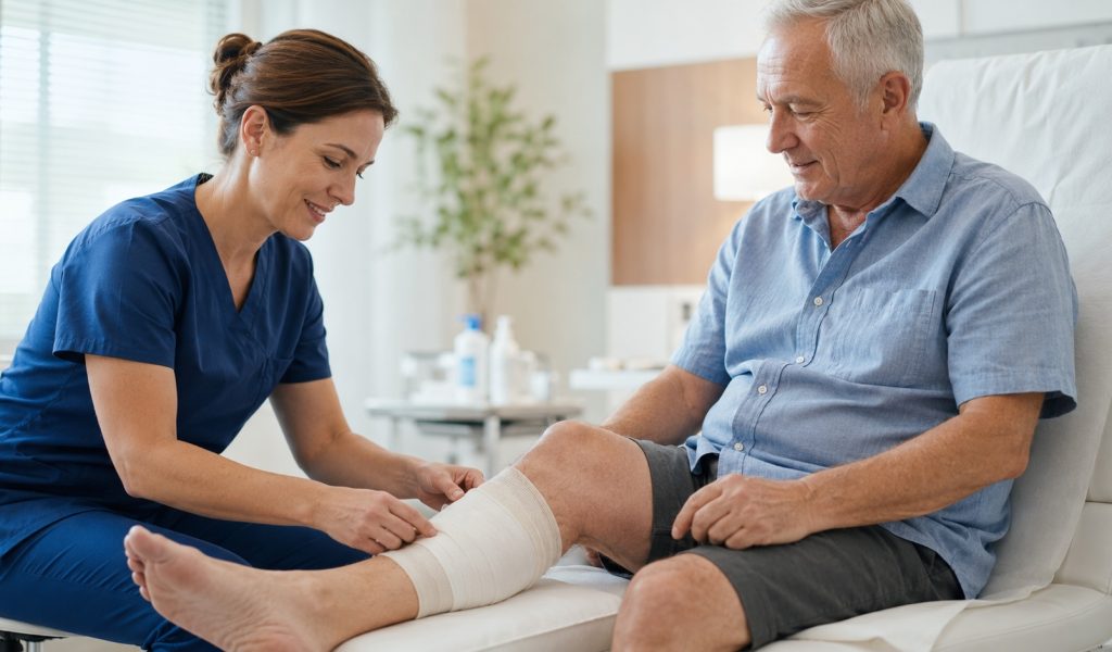 Caring nurse attends to patient’s leg