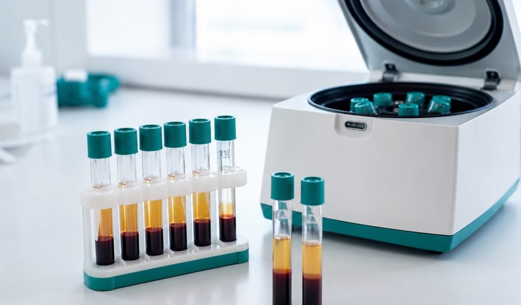 Clinical lab setup with centrifuge and samples