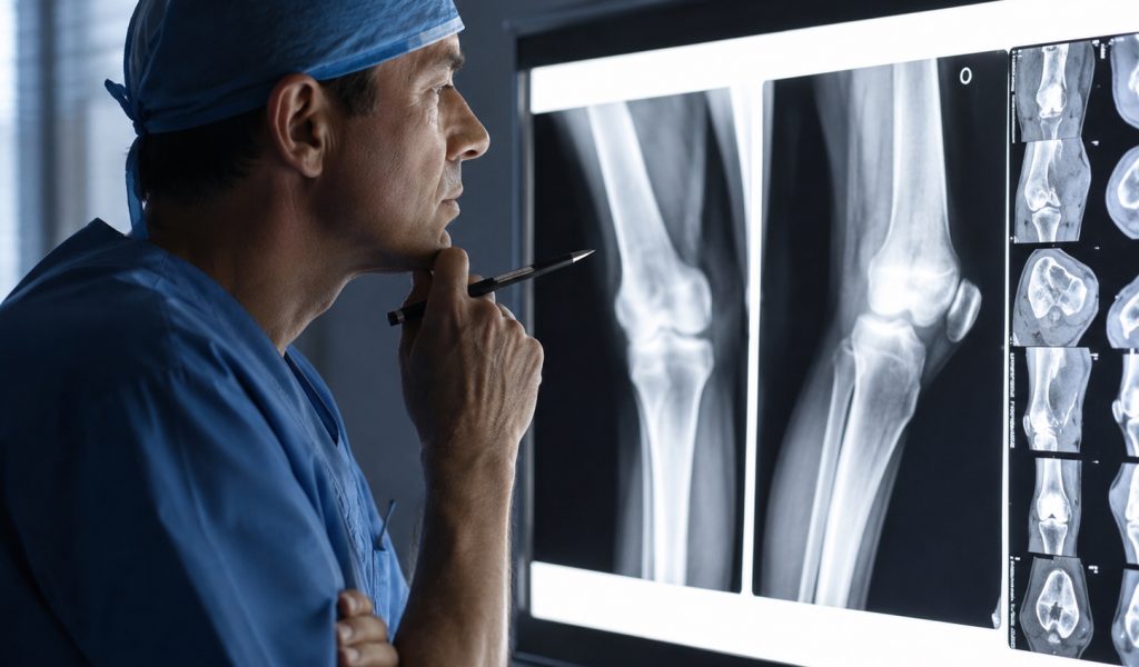 Doctor analyzing X-ray images in clinic