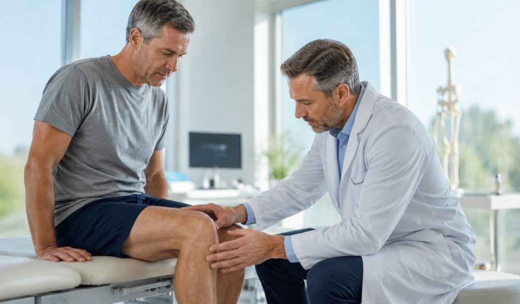 Doctor examining patient’s knee in clinic