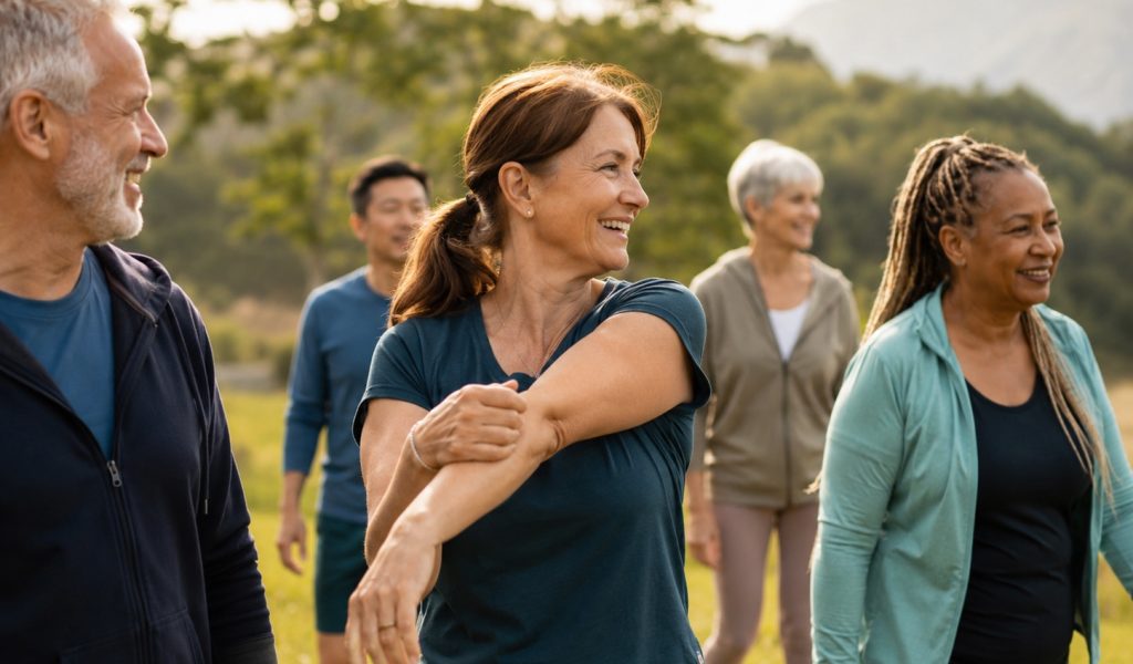 Group stretching in nature's calm
